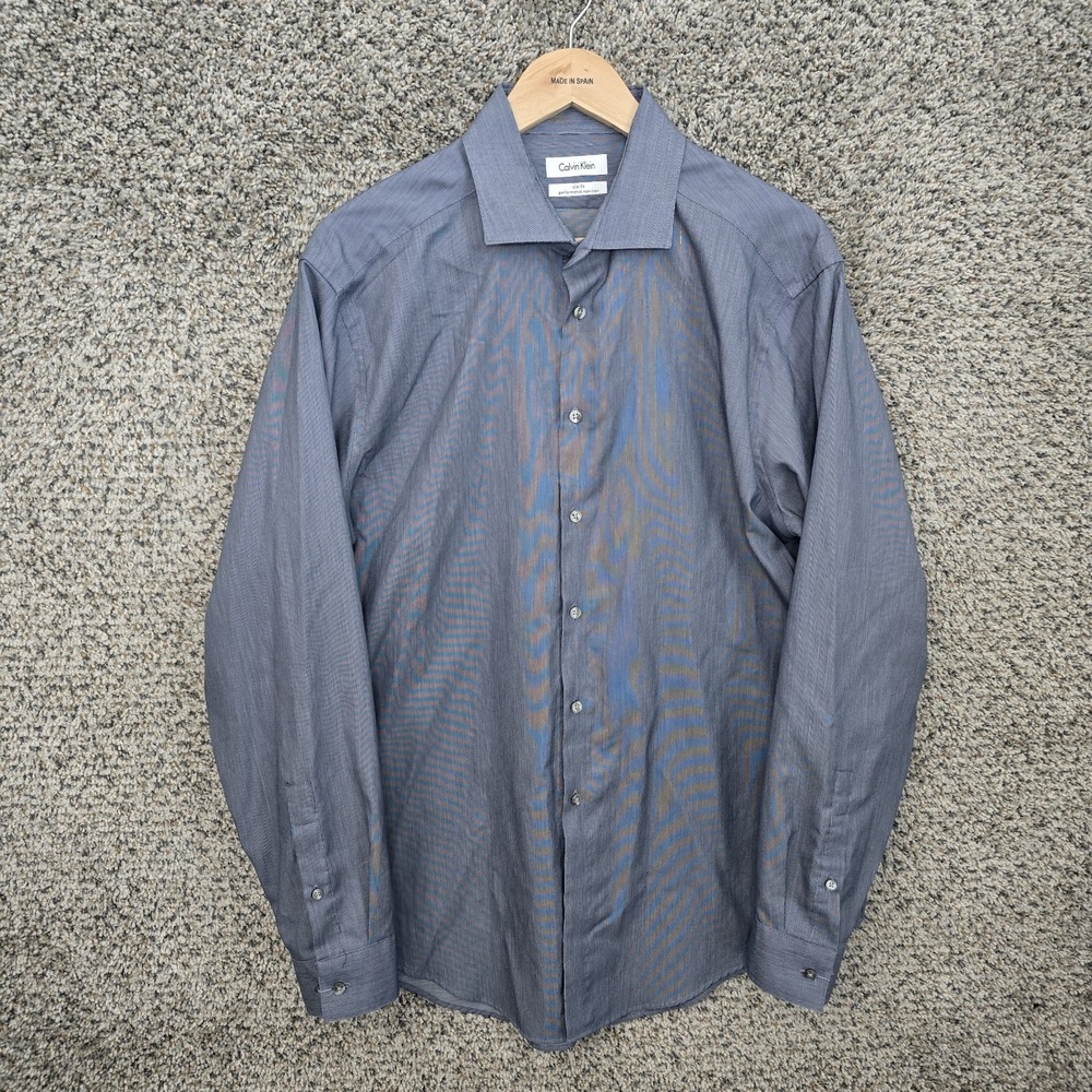 Calvin Klein Dress Shirt Mens 17 34/35 Blue Button Slim Fit Performance Non Iron